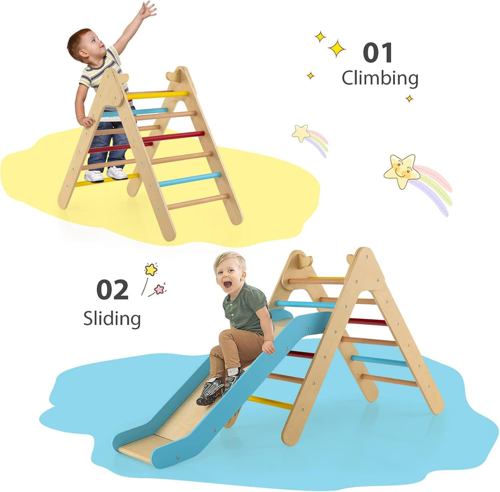 Triangle Set 2 in 1 Climbing Toys for Toddlers Foldable Wood Montessori Baby Jungle Gym with Ladder Ramp Slide Kids