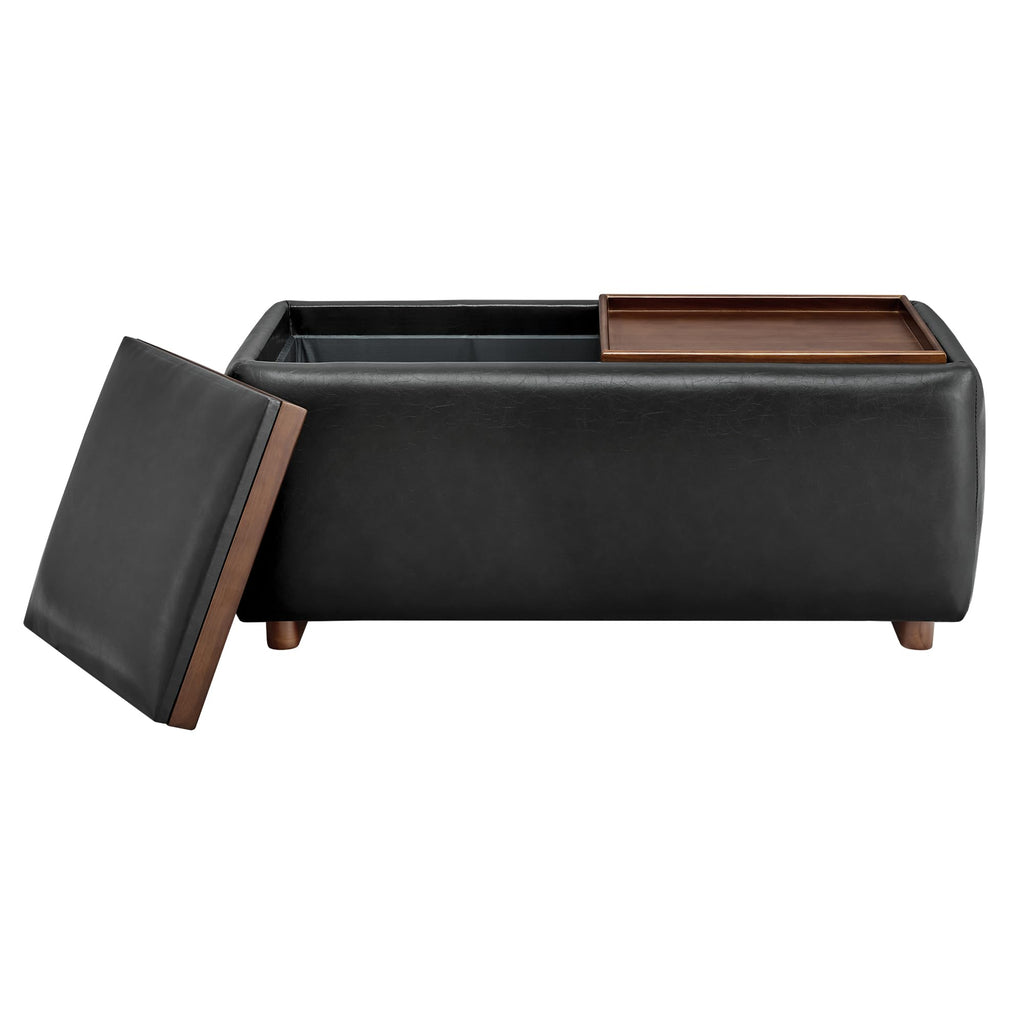 Storage Ottoman with Tray Lids, FSC Certified Small Rectangular Bench, Faux Leather in Black (Light)