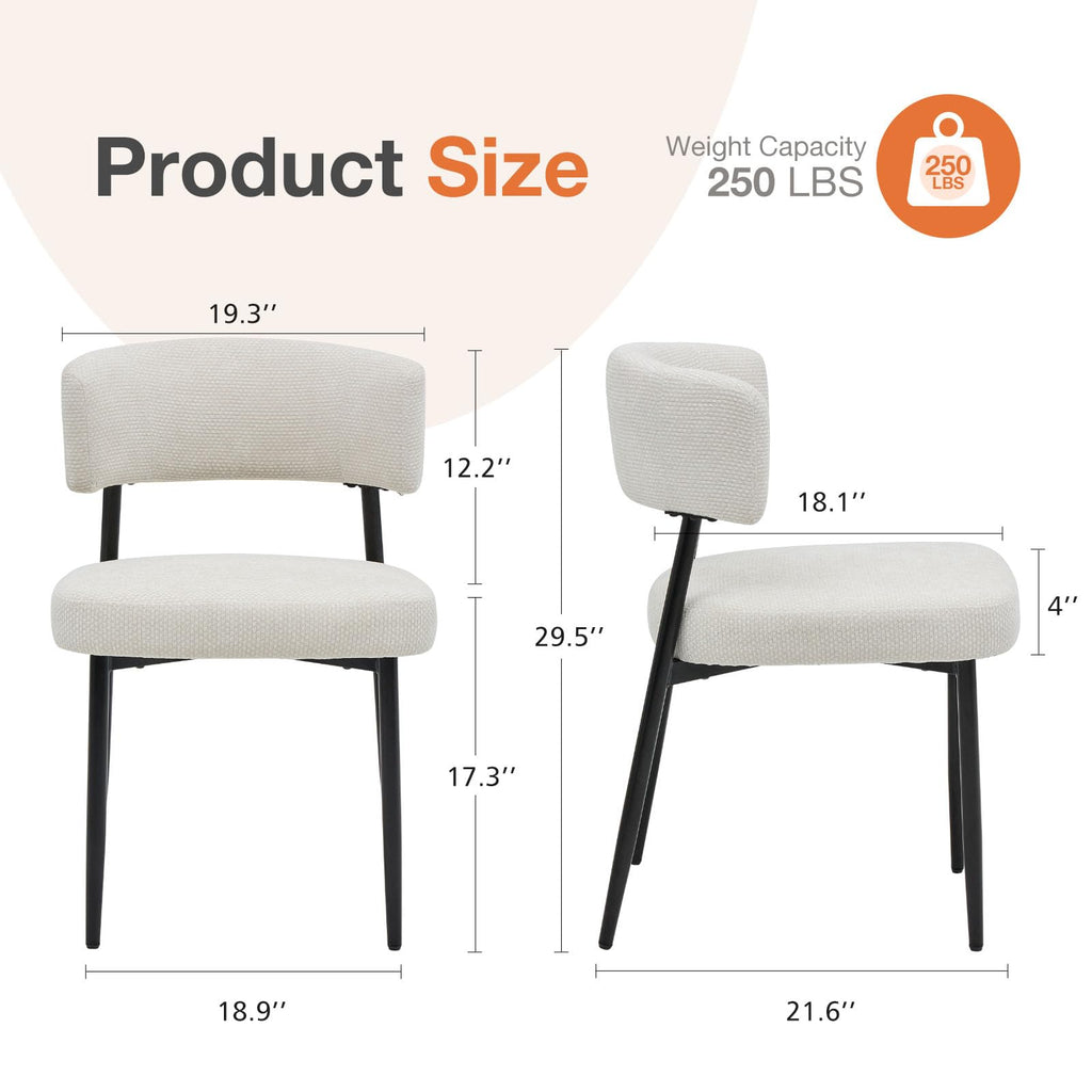 Set of 4, Boucle Fabric Modern Mid Century Round Kitchen Chairs with Curved Backrest & Metal Legs for Vanity, Living