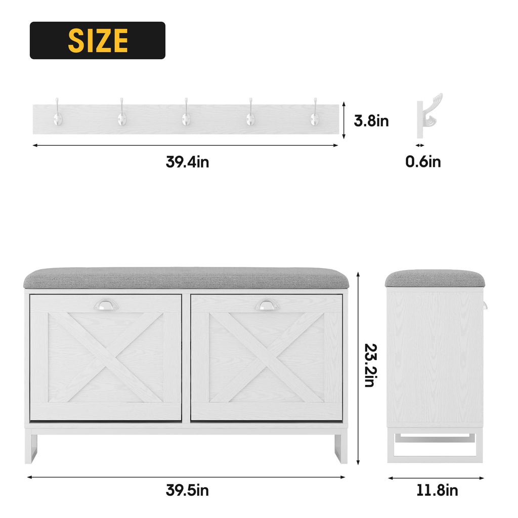 Shoe Cabinet with 2 Flip Drawers & Coat Rack, Shoe Storage Bench with Seat Cushion, 5 Large Sturdy Metal Hooks