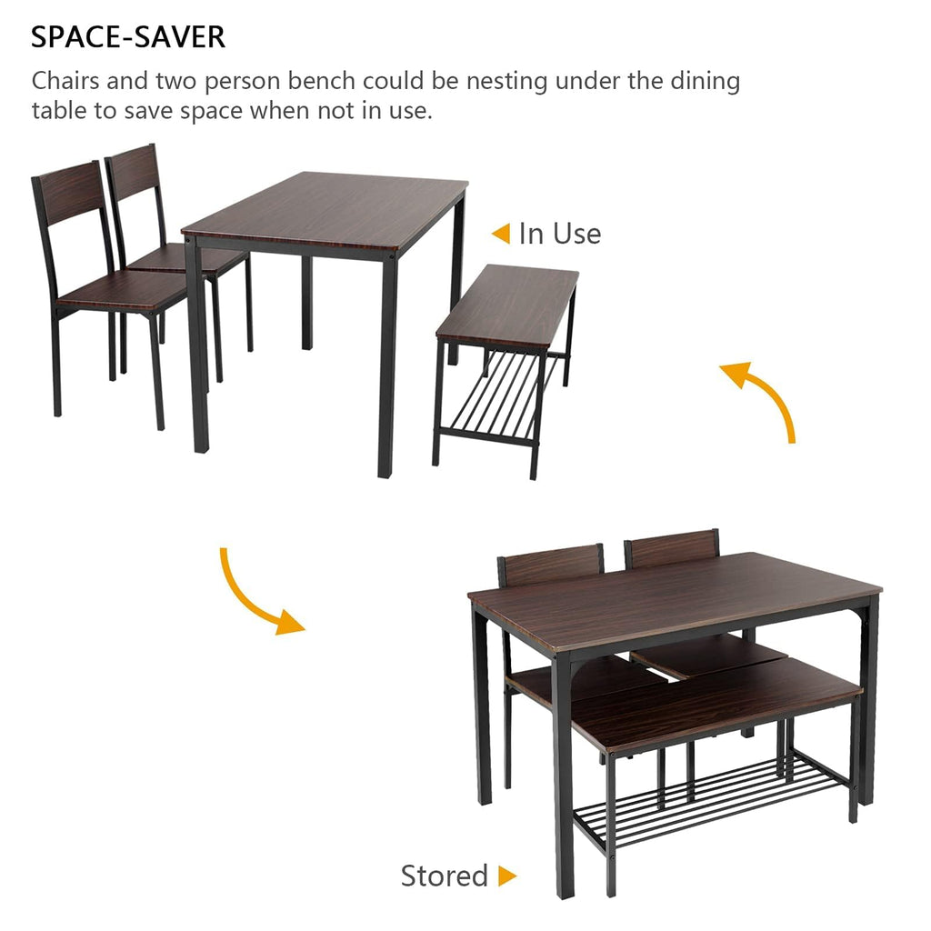 Dining Table Set for 4, with Two Chairs and One Bench/4 Piece Set, Wooden Table Top with Metal Legs for Breakfast