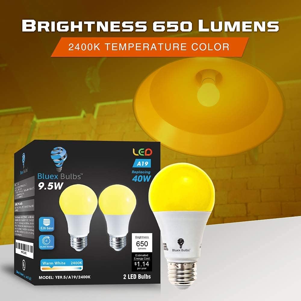 A19 Amber Yellow LED Bug Light Bulb - No Blue Light, 650 Lumens, 120V E26 Medium Base, 9.5-Watt (60-Watt