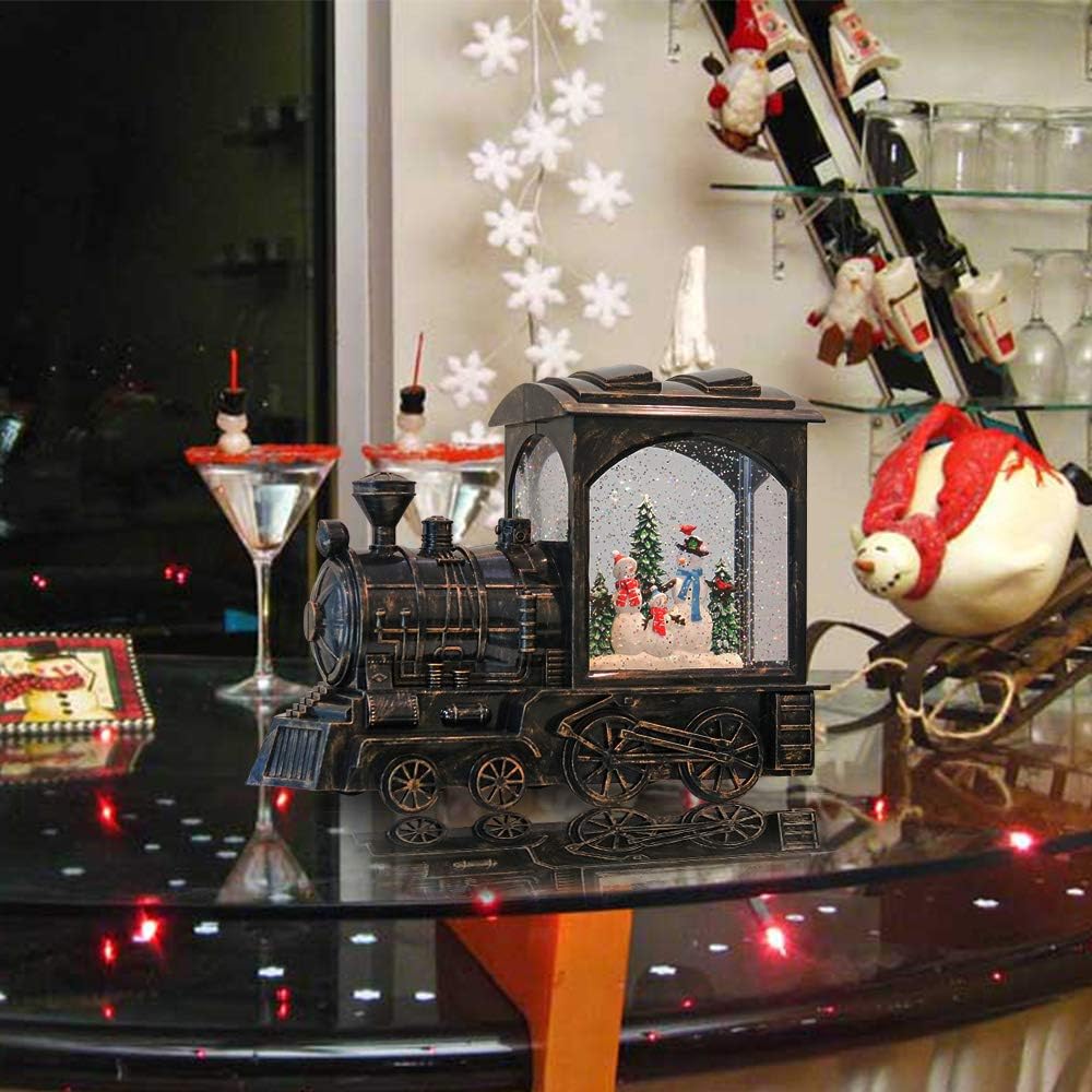 Christmas Train Snowman Battery Operated Musical Lighted Water Snowing Glittering Snow Globe Lantern with Timer