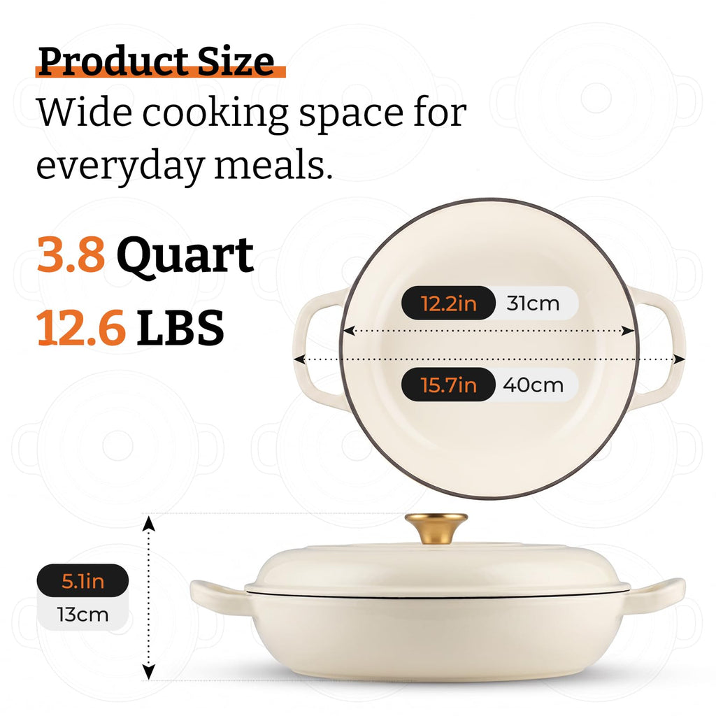 Cast Iron Dutch Oven, 3.8 Quart, White, Shallow Braiser & Casserole