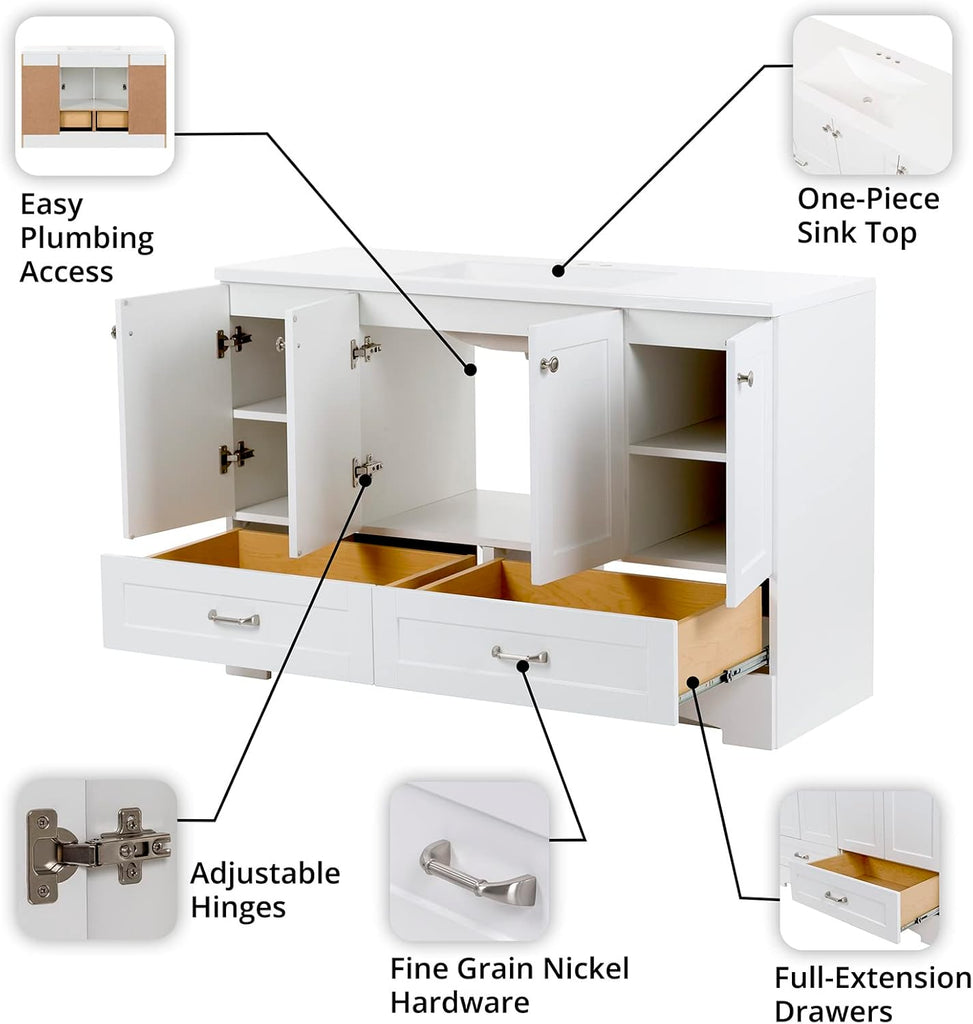 Spring Mill Cabinets Emlyn 48 Inch Bathroom Vanity with White Single Sink Top, 3 Cabinets, 2 Shelves, 2 Drawers