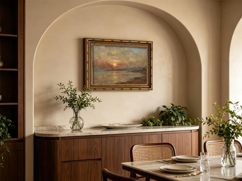 Vintage Gold Framed Sunset Water Wall Art Retro Coastal Landscape Print