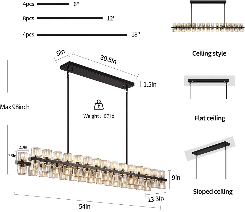 Modern Crystal Chandeliers L54in Large Black Rectangle Chandelier, K9 Crystal Pendant Lights Kitchen Island,Chandeliers for Dining Room, For Over the Dining Table,Kitchen Island,(60xG4 Bulbs Included) A117-B0F6V487GZ