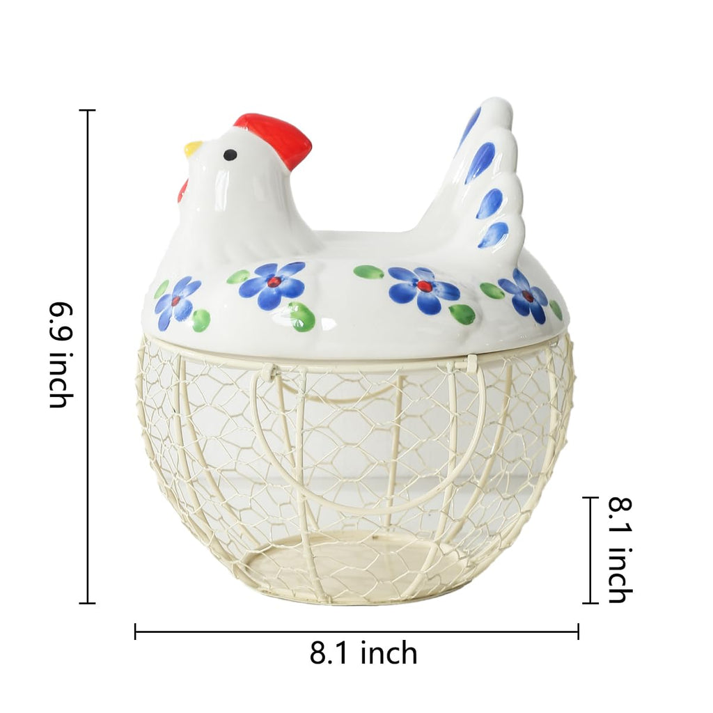 Decorative Egg Basket for Counter, Ceramic Chicken Lid with Wire Basket, Holds 20-25 Eggs