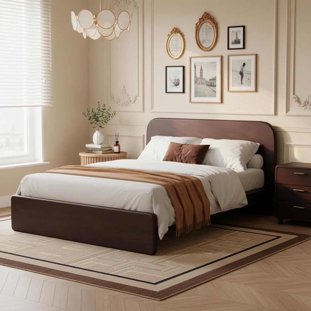Queen Walnut Platform Bed with Rounded Headboard