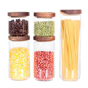 Glass Canisters Set of 5 for the kitchen, Glass Storage Container jars with Airtight Acacia Lid for Coffee Beans