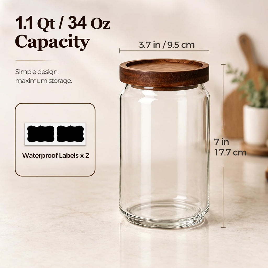 Glass Jar with Acacia Wood Lid 34oz 1Pack, Food Storage Container | 1.1Qt Canister, Oats Coffee Sugar Pasta Candy