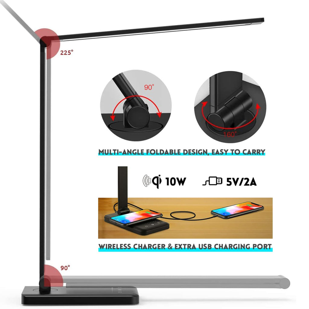 LED Desk Lamp with Wireless Charger, USB Charging Port, Eye Care