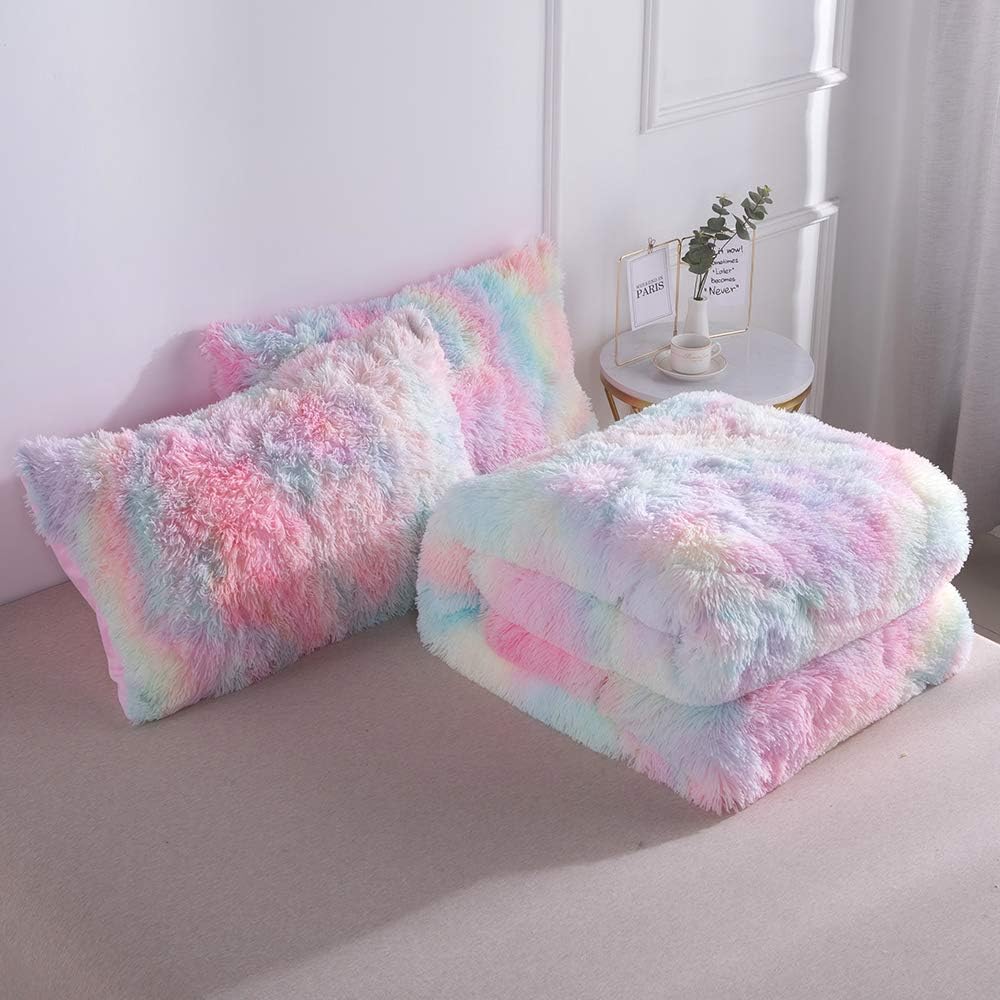 Faux Fur Plush Rainbow Comforter Set Fluffy Fuzzy Shaggy Bedding Set - 3PC Full Microfiber Soft Warm Quilt Set