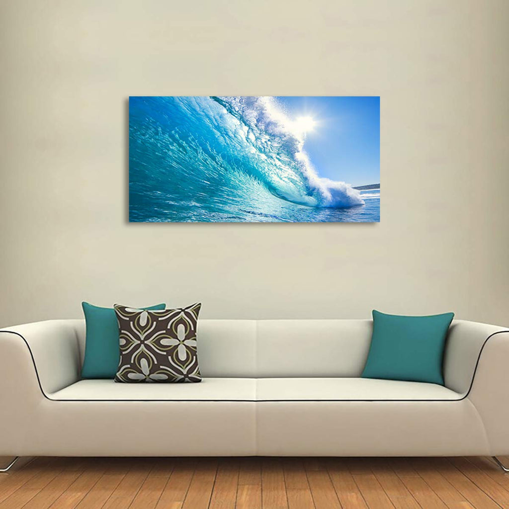 Framed Ocean Wave Wall Art, 48x24 Inch Large Horizontal Turquoise Sea Canvas Prints, Coastal Beach Nautical Wall