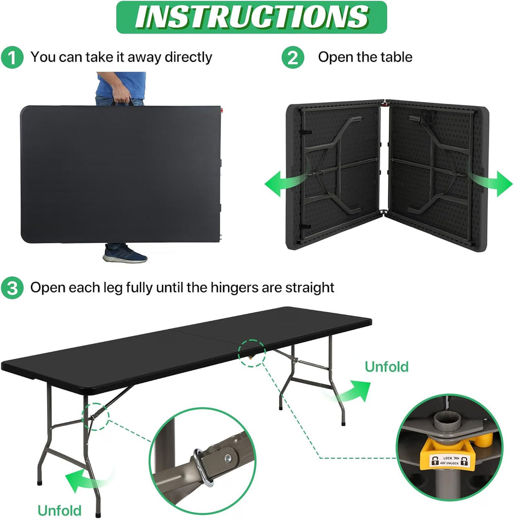 8 FT Folding Table with Built-in Handle and Steel Legs Black