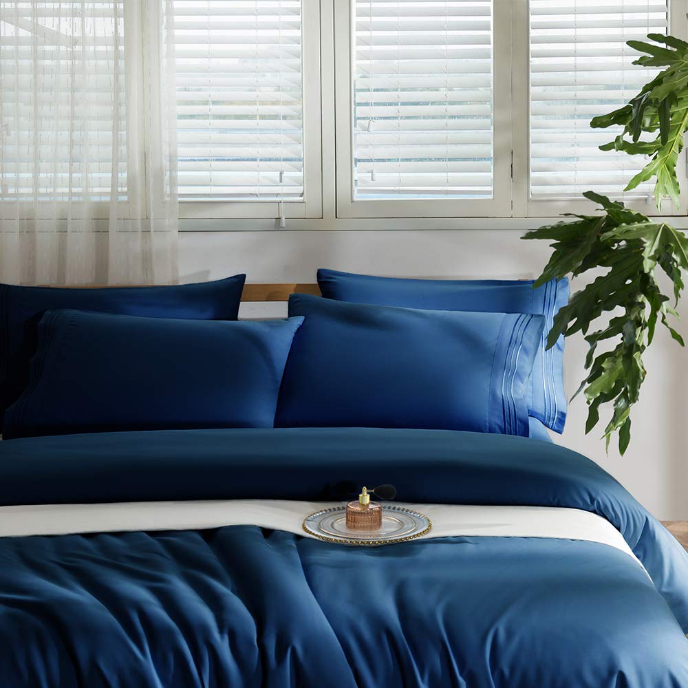 6PC Bed Sheets Set - Brushed Microfiber 1800 Thread Count Percale - 16" Deep Pocket (King, Navy Blue)