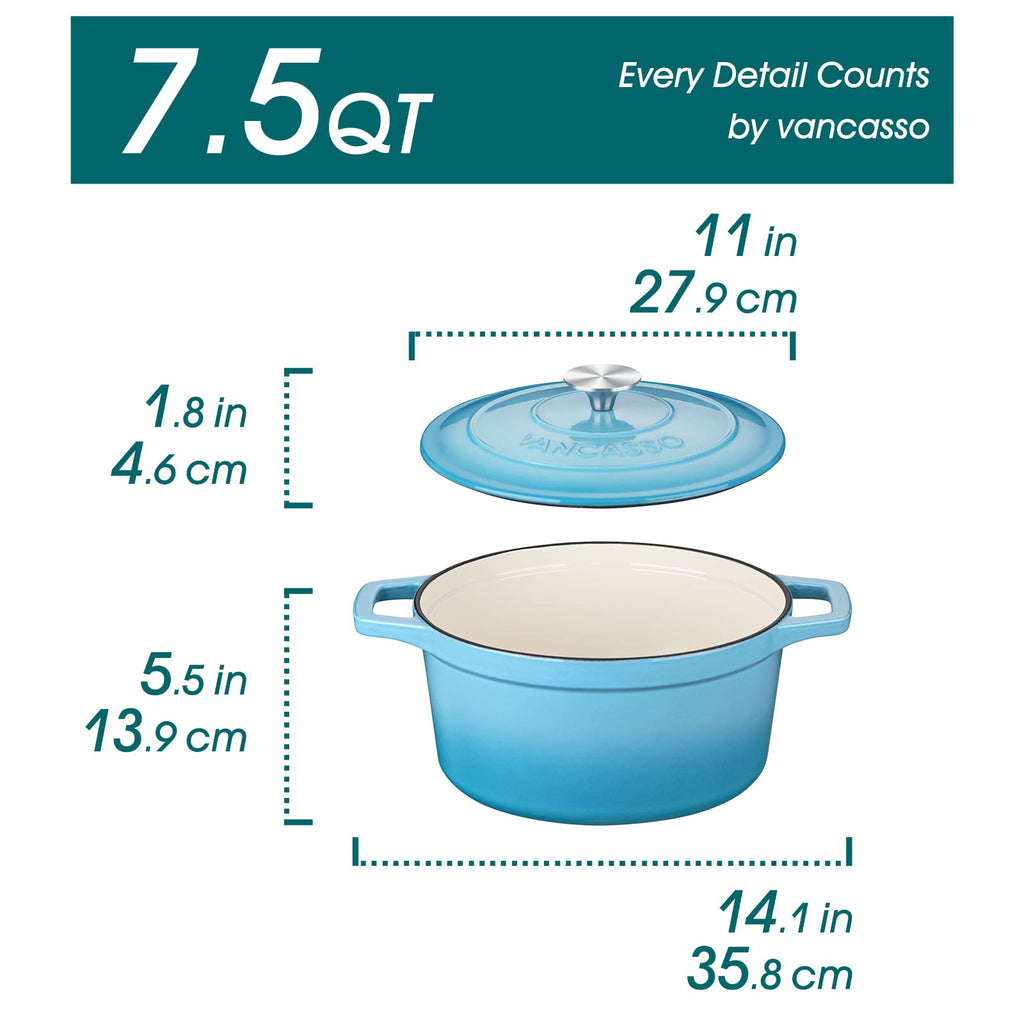 7.5 Qt Round Enameled Cast Iron Dutch Oven with Lid, Blue