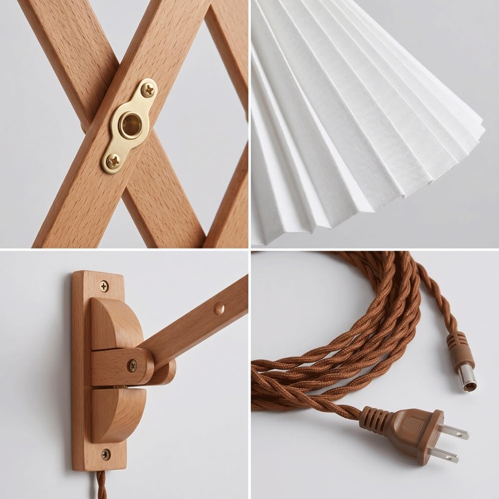 Extendable Wood Wall Sconce with Pleated Shade,Mid-Century Accordion Swing Arm Wall Lamp Reading and Living Room Decor