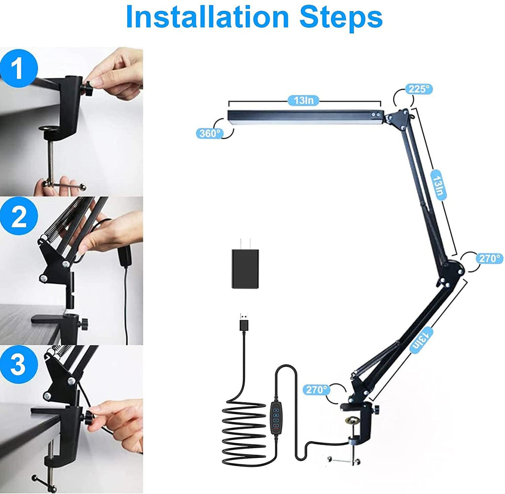 LED Desk Lamp,Reading,Adjustable Eye-Caring Desk Light with Clamp,Swing Arm Lamp Includes 3 Color Modes,10