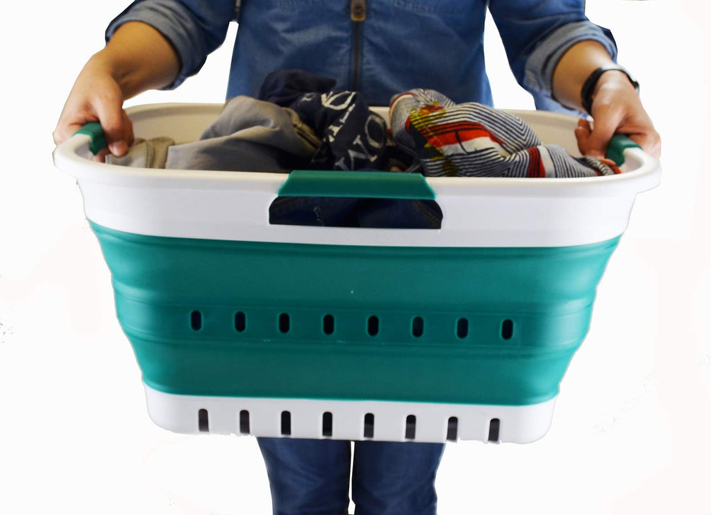 Set of (8 gallon) Collapsible Plastic Laundry Basket - Foldable Pop Up Storage Container/Organizer - Space