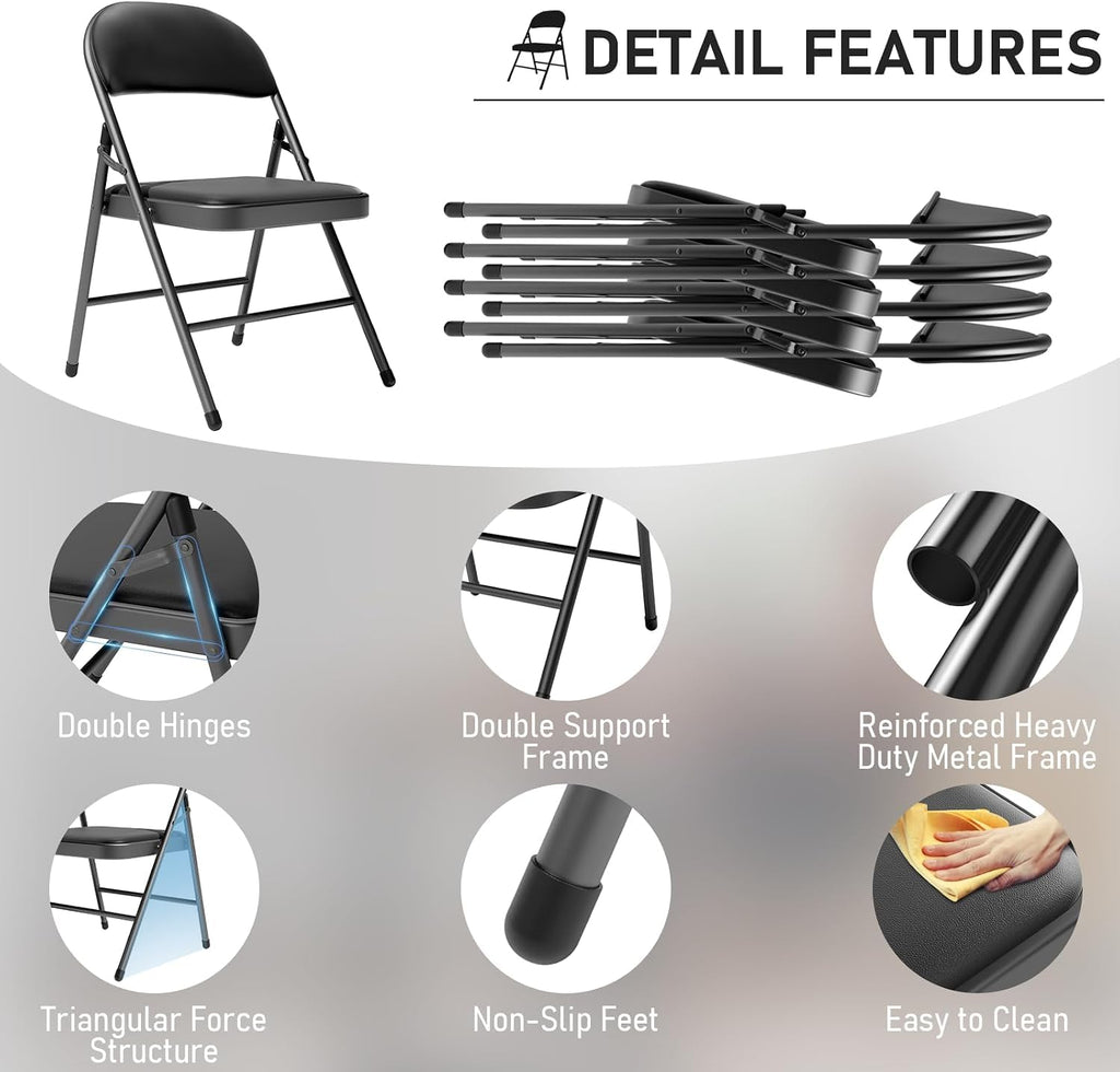 6 Pack Black Folding Chairs with Padded Cushion and Metal Frame, 350lbs