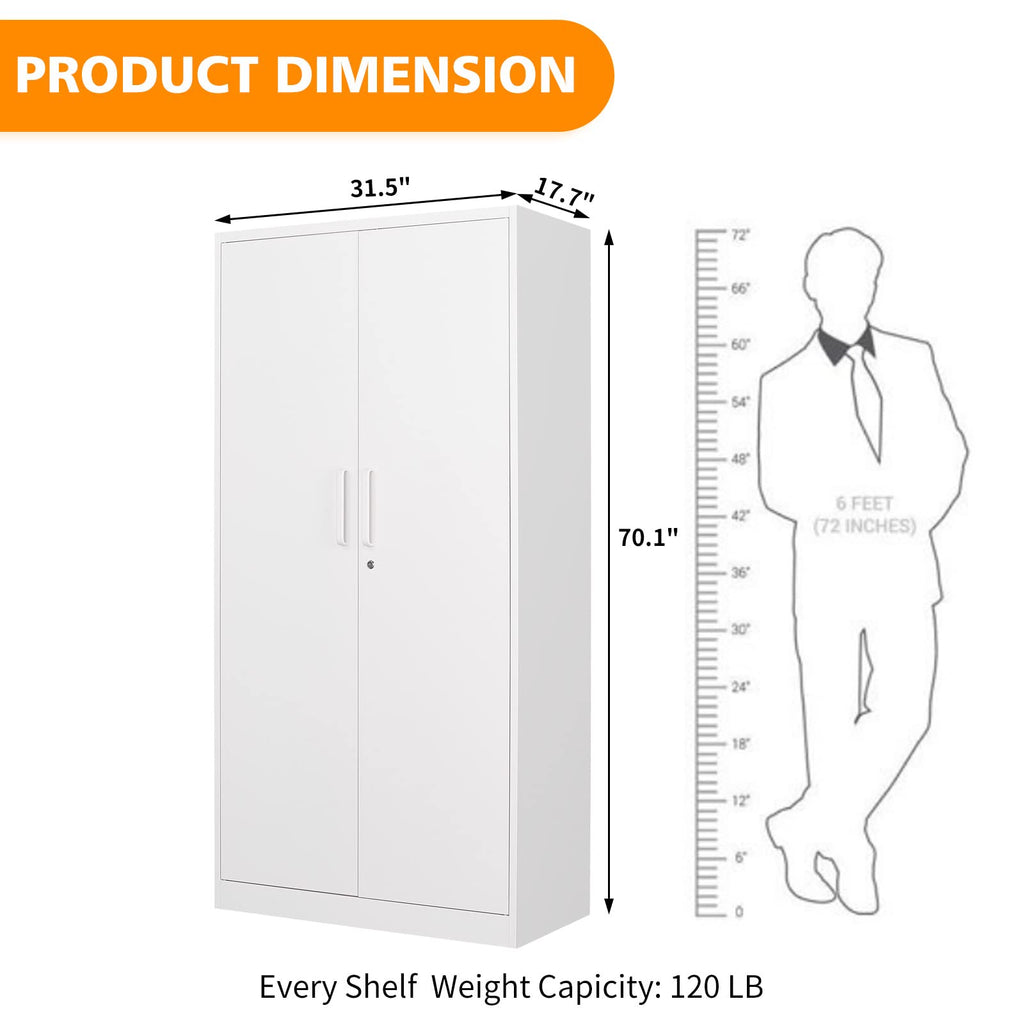 Steel Wardrobe Cabinet with 2 Doors, White Metal Locker Cabinet for Storage with Hanging Rod and 4 Shelves, Lockable