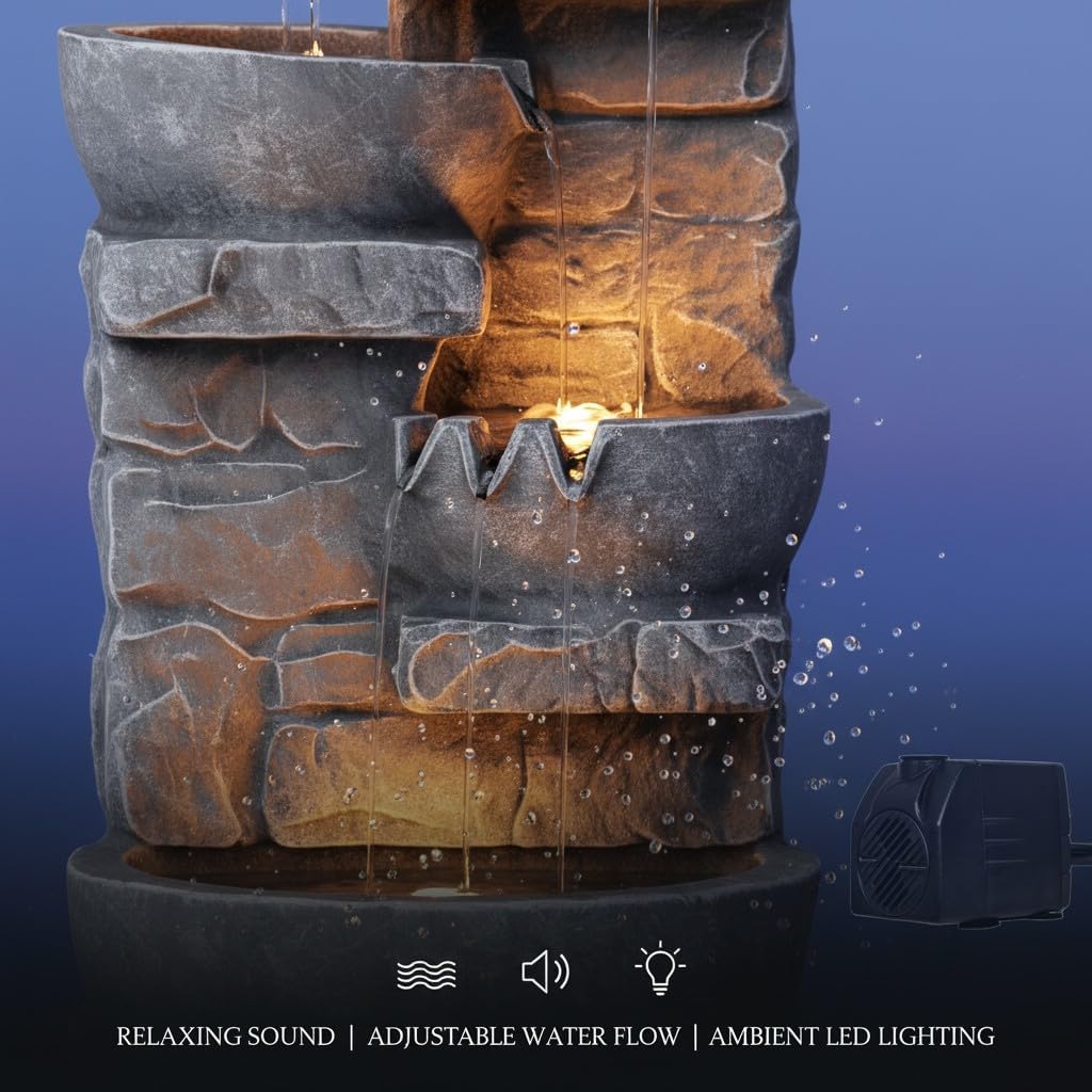33.25 in. Cascading Bowls and Stacked Stones LED Outdoor Water Fountain for Gardens, Landscaping, Patios, Balconies