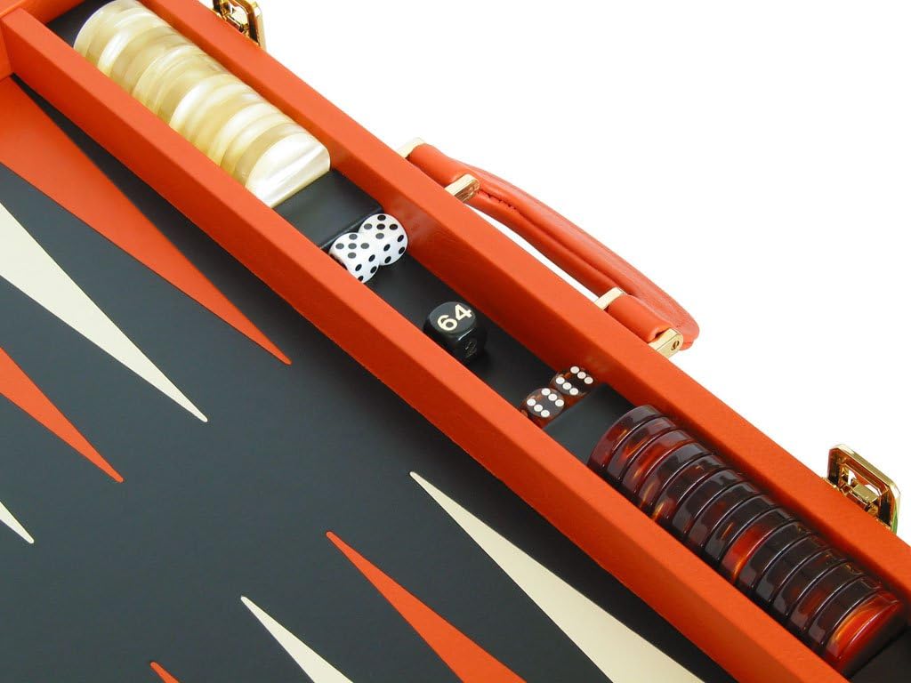 Leather Backgammon Set by - (20" Case, Board Game) - Orange