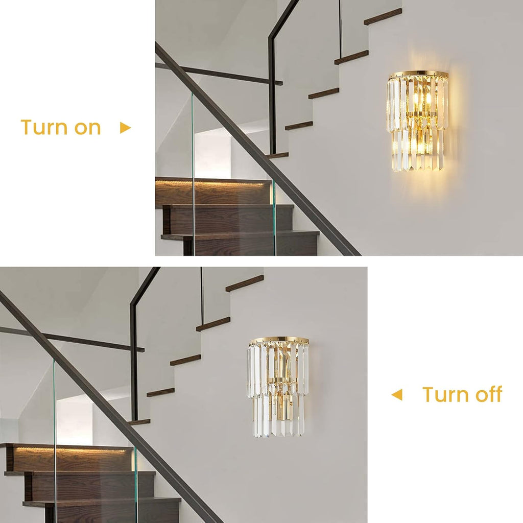 2-Lights Modern Crystal Wall Light, 2-Tiers Crystal Bedside Wall Mount Lighting Fixture, Mirror Gold Stainless Steel