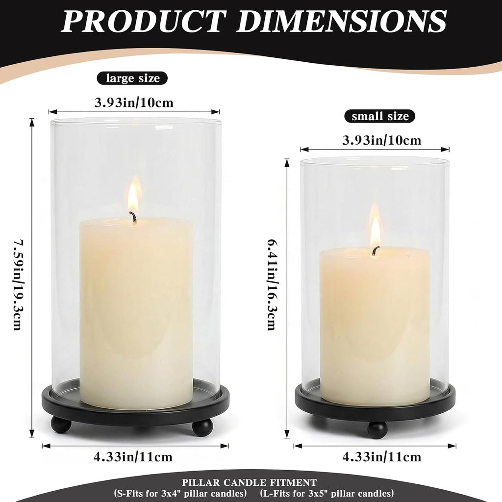 Hurricane Candle Holders Set of 2 - Pillar Candle Stands with Glass Sleeves for Fireplace Mantel & Dining Table