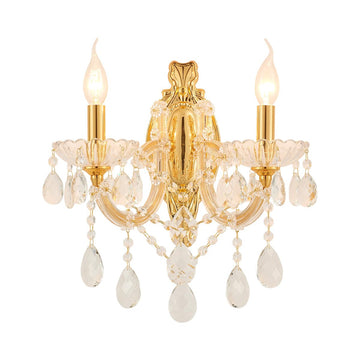 Gold Traditional Crystal Wall Sconce, 2-Light Candle Style Vanity Lamp, Ornate Metal Frame with Glass Trim Strips
