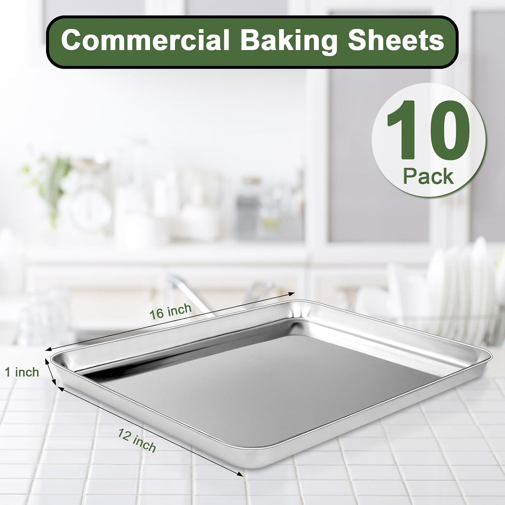 Sheet Tray Set of 10, Stainless Steel Pan Cookie Pan Sheet, Size 16 x 12 x 1 inch, Warp Resistant & Heavy Duty & Rust