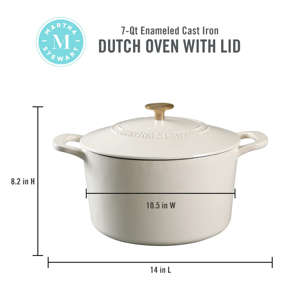 Gatwick 7-Quart Enamel Cast Iron Dutch Oven - Linen White With Gold - Heavy-Duty Dutch Oven for Slow Cooking