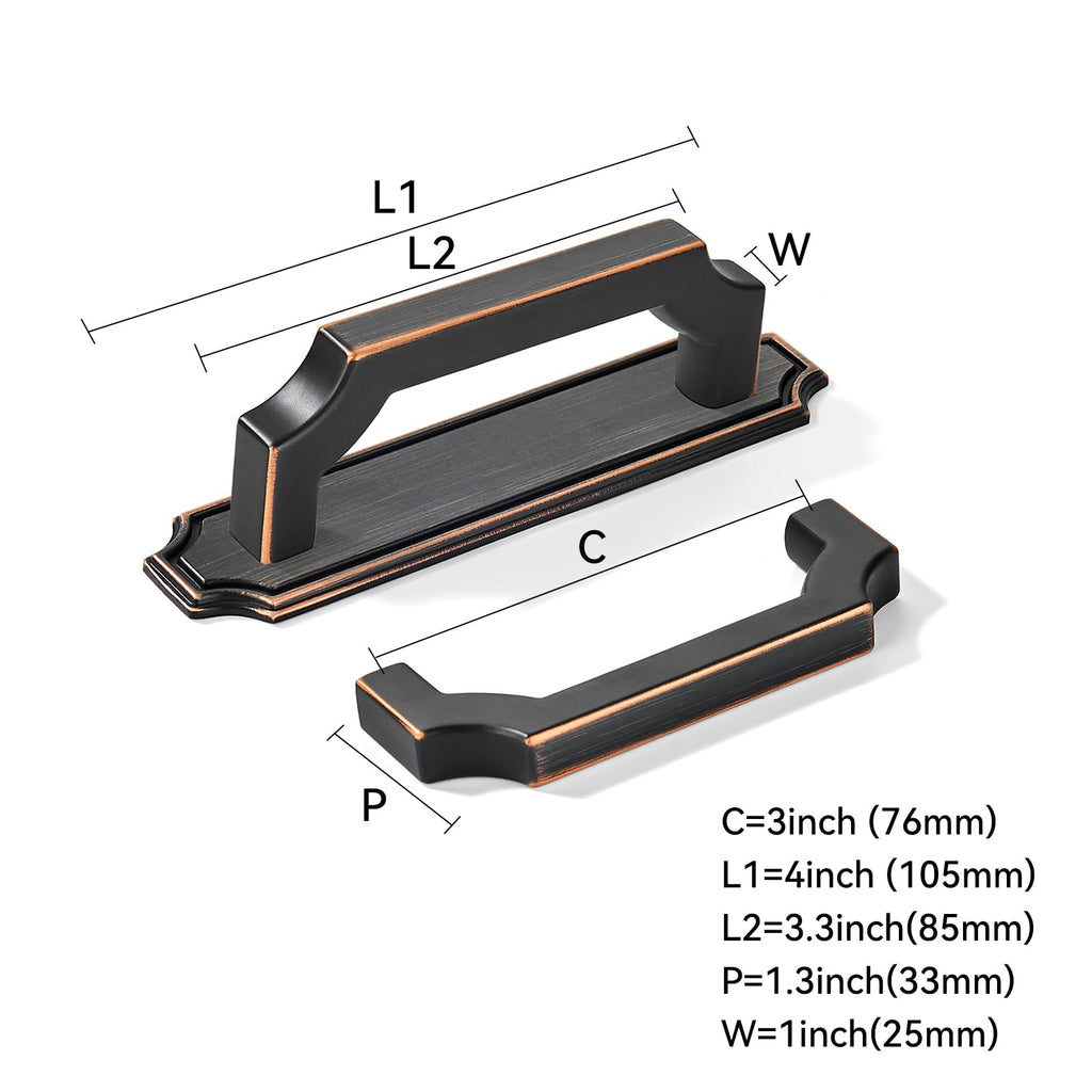 5 Pack 3 Inch Hole Center Oil Rubbed Bronze Cabinet Pulls with Backplate - Heavy-Duty Handles Cabinets - Solid Base