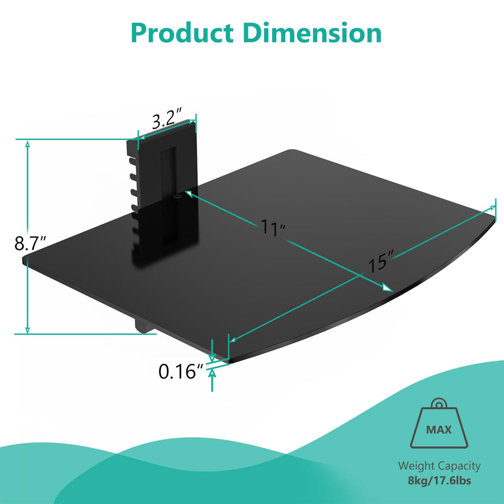 1 Tier Glass Floating TV Wall Shelf for Projector, DVD Players
