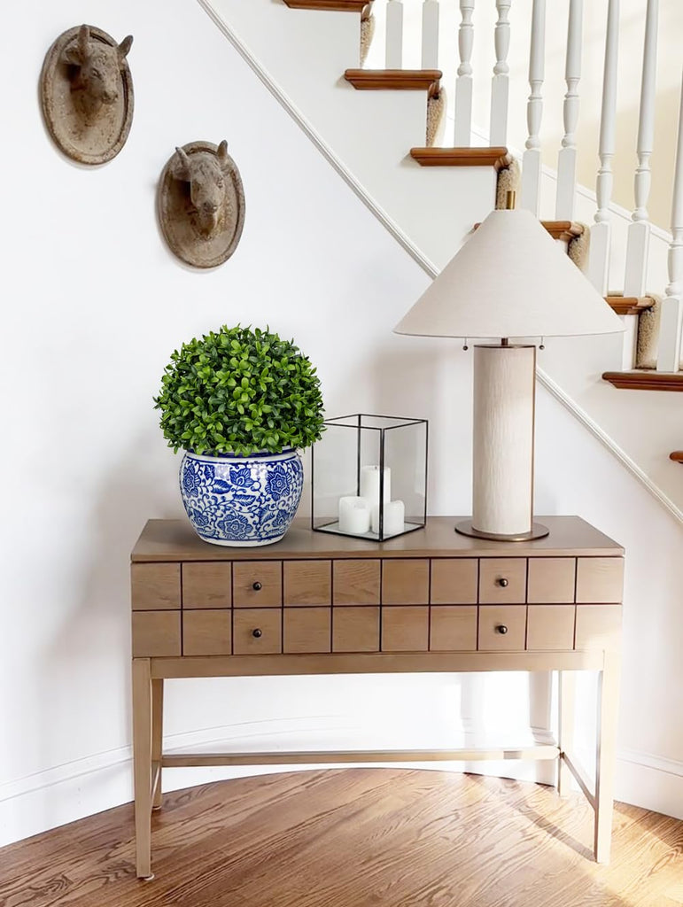 Artificial Topiary Boxwood Ball in Blue and White Ceramic Pot, 10 Inch Artificial Boxwood in Planters Decorative Fake