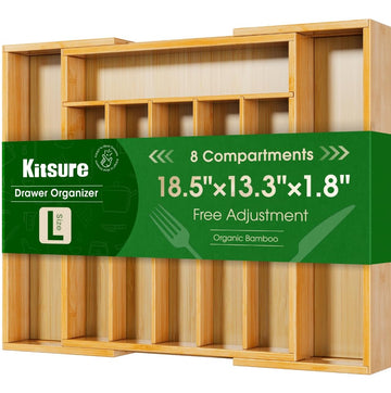 Silverware Organizer, Bamboo Kitchen Drawer Tray, Natural, Large