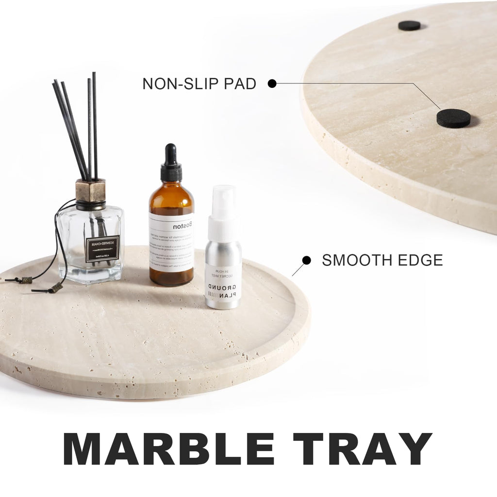 Travertine Tray, 11.8" Marble Round Serving Tray and Coffee Table, Bathroom Trays for Counter, Decorative Vanity