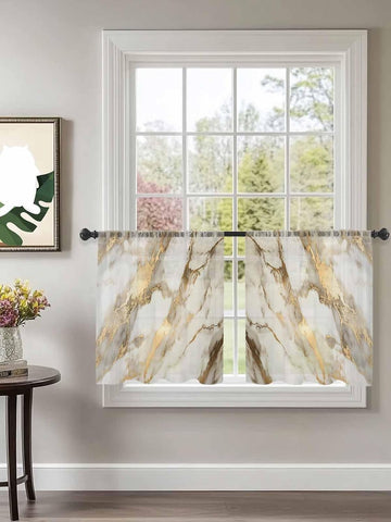 Sheer Curtains (Set of 2 Panels) 45 Inches Long, Marble Gold Light Filtering Window Curtains, Abstract Luxury Wave Gold Marbling Modern