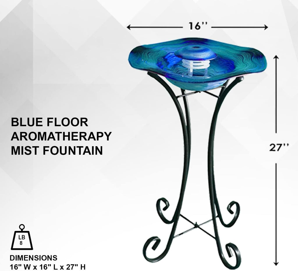 27" LED Mist Indoor Floor Fountain, Freestanding Water Feature with Inline Control, Aromatherapy, Glass & Metal, Blue