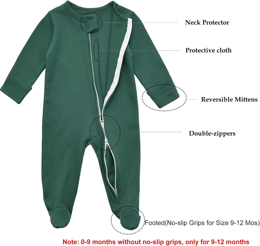 Footie Pajama with Mitten Cuffs, Double Zipper Infant Cotton clothes Sleeper Pjs, Footed Sleep Play
