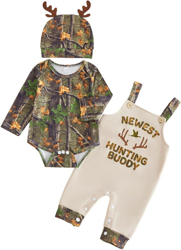 Newborn Baby Boy Fall Clothes Hunting Buddy Long Sleeve Romper Suspender Pants Overall Outfit Hat Set