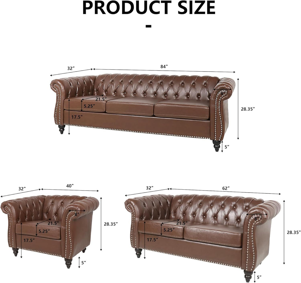 Chesterfield Loveseat Sofa, Upholstered Sofa Modern 2 Seater Couch Sofa Set Style Button Tufted, Mid-Century PU