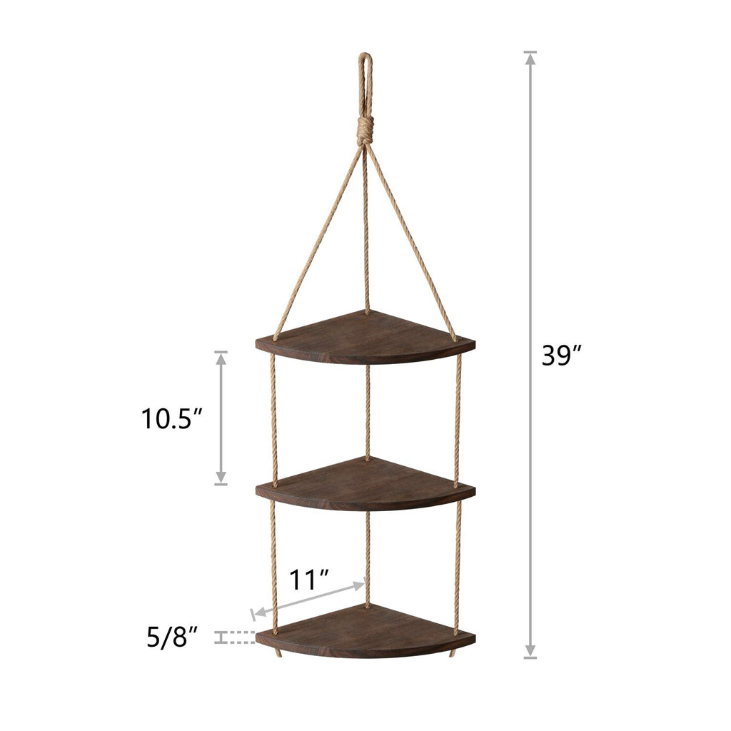 Hanging Corner Shelf 3 Tier Wall Shelf with Jute Rope Wood Floating Shelves Rustic Home Corner Decor Farmhouse