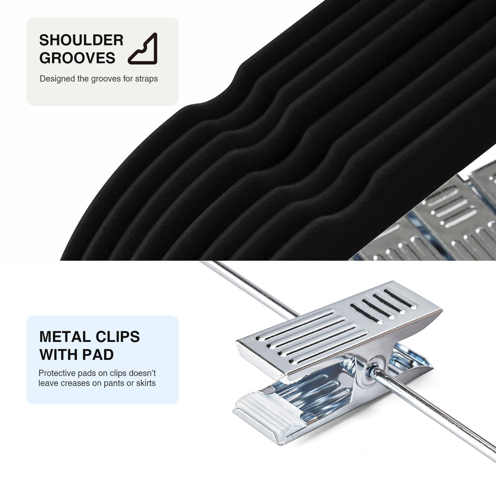36-Pack Black Velvet Hangers with Clips Adjustable, Adult Hangers, Heavy-Duty, Felt, Non-Slip, Space Saving, Slim Outfit