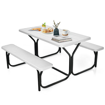 Outdoor Picnic Table Bench Set with Metal Frame & All Weather-Resistant Surface, Camping Table Set Backyard Poolside