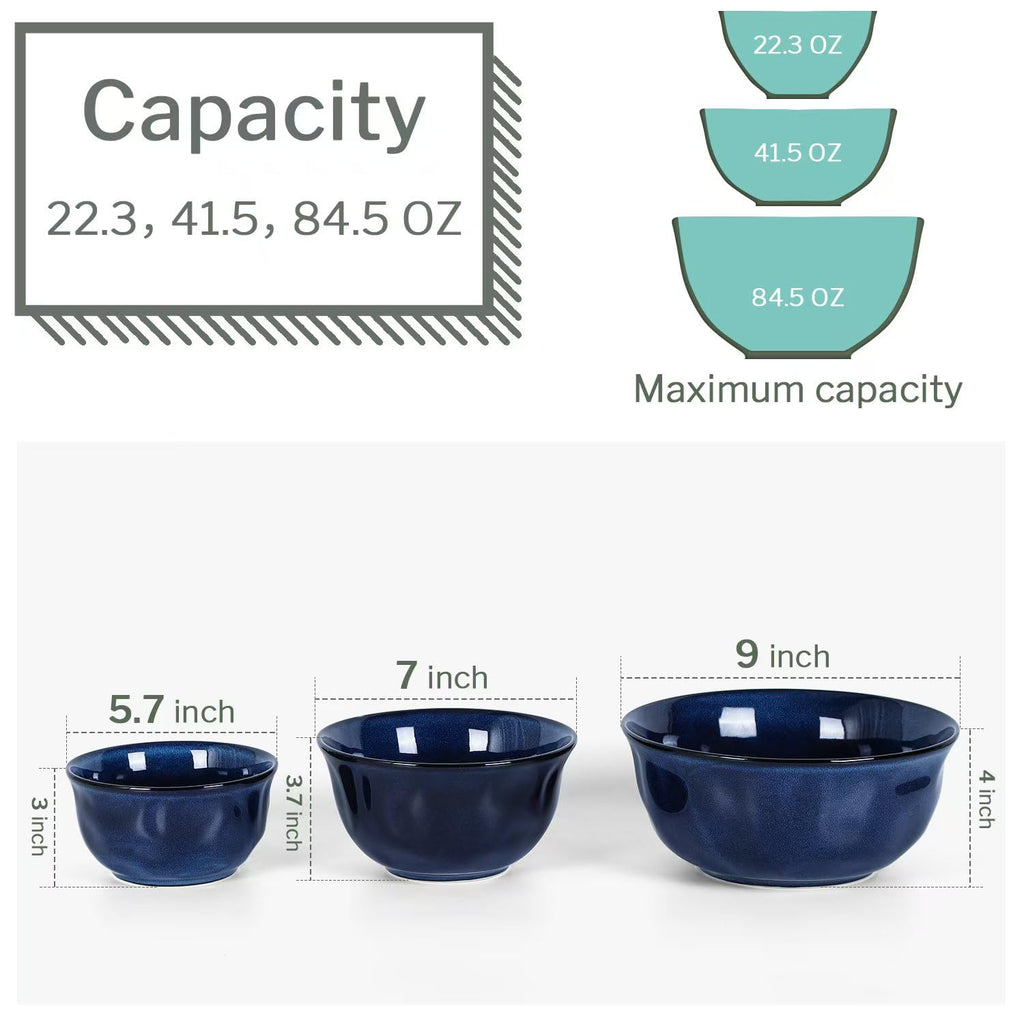 Ceramic Mixing Serving Bowl Set: Nesting Stoneware Kitchen Decorative Large Bowls for Prepping, Baking - Microwave