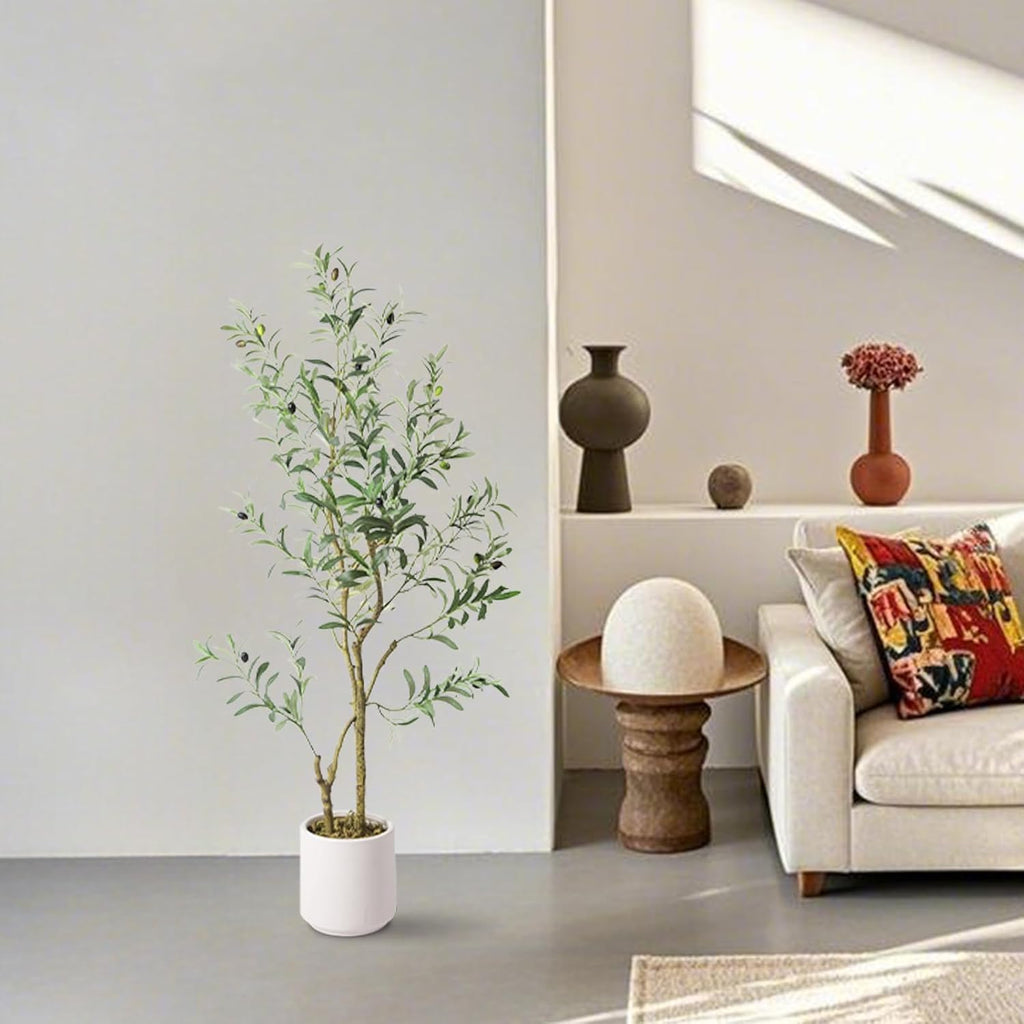 Fake Olive Tree 4FT Tall 1Pack with White Planter Decor
