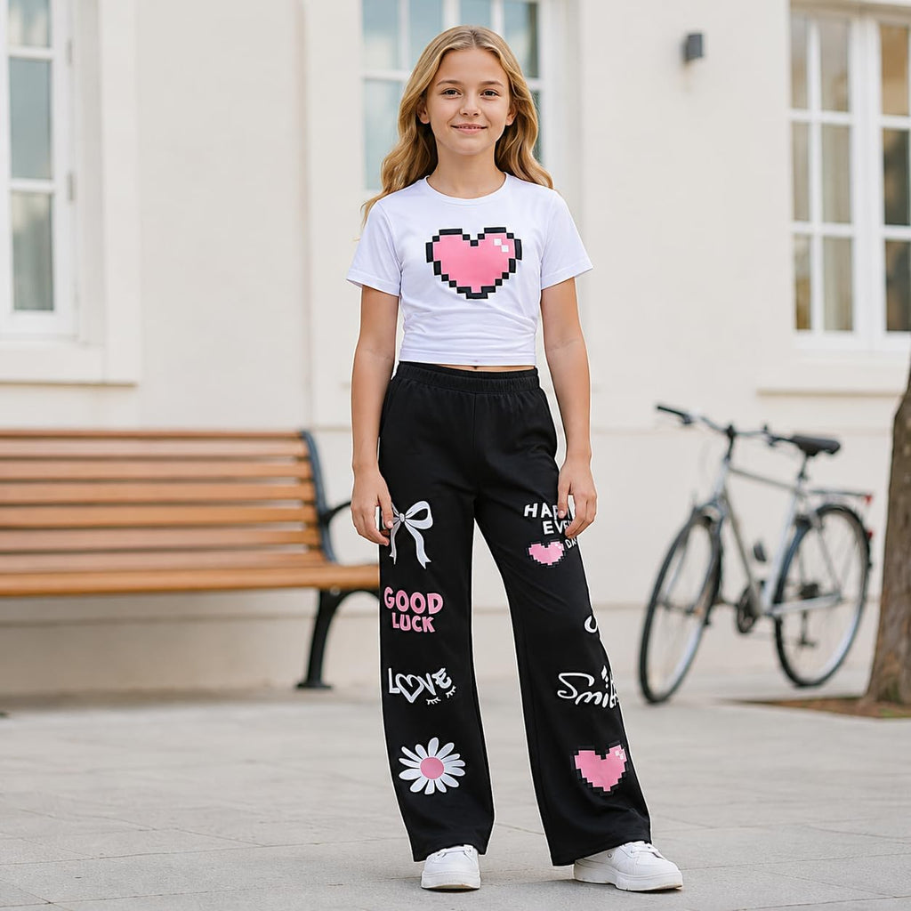 Clothes 2 Piece Cute Pixel Heart-Print Top Graffiti-Print Pants Sets