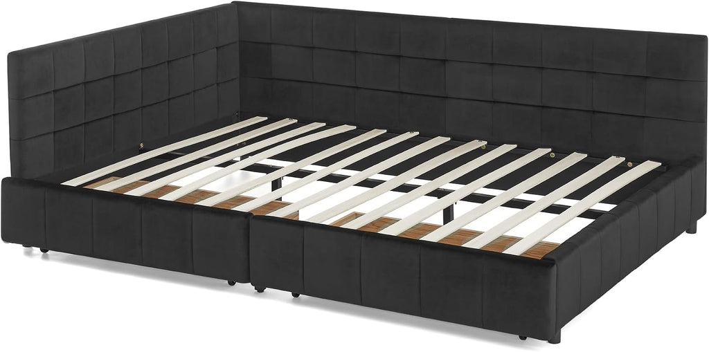 Queen Size Daybed with Storage Drawers, Upholstered Corner Bed with L Shaped Headboard, Velvet Daybed Frame Guest